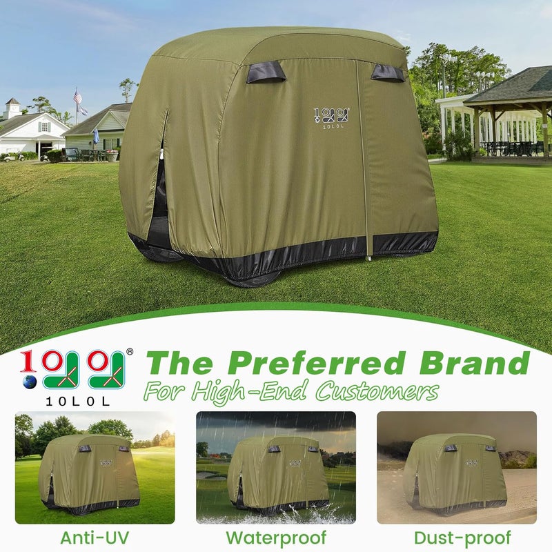 10L0L Universal Golf Cart Covers for Yamaha,Club Car, EZGO, Waterproof 2/4 Passenger Heavy Duty Golf Cart Rain Covers Extended Roof with 3 Zipper Doors (Green) - Image 2